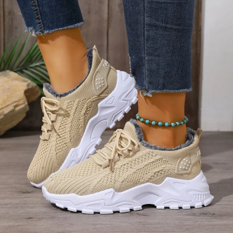 Baskets d'hiver thermiques pou - Knit Fabric Lace Up Sneakers avis et prix